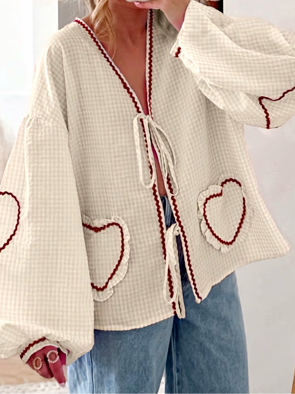 Cream Gingham Tie-Front Blouse with Heart Trim